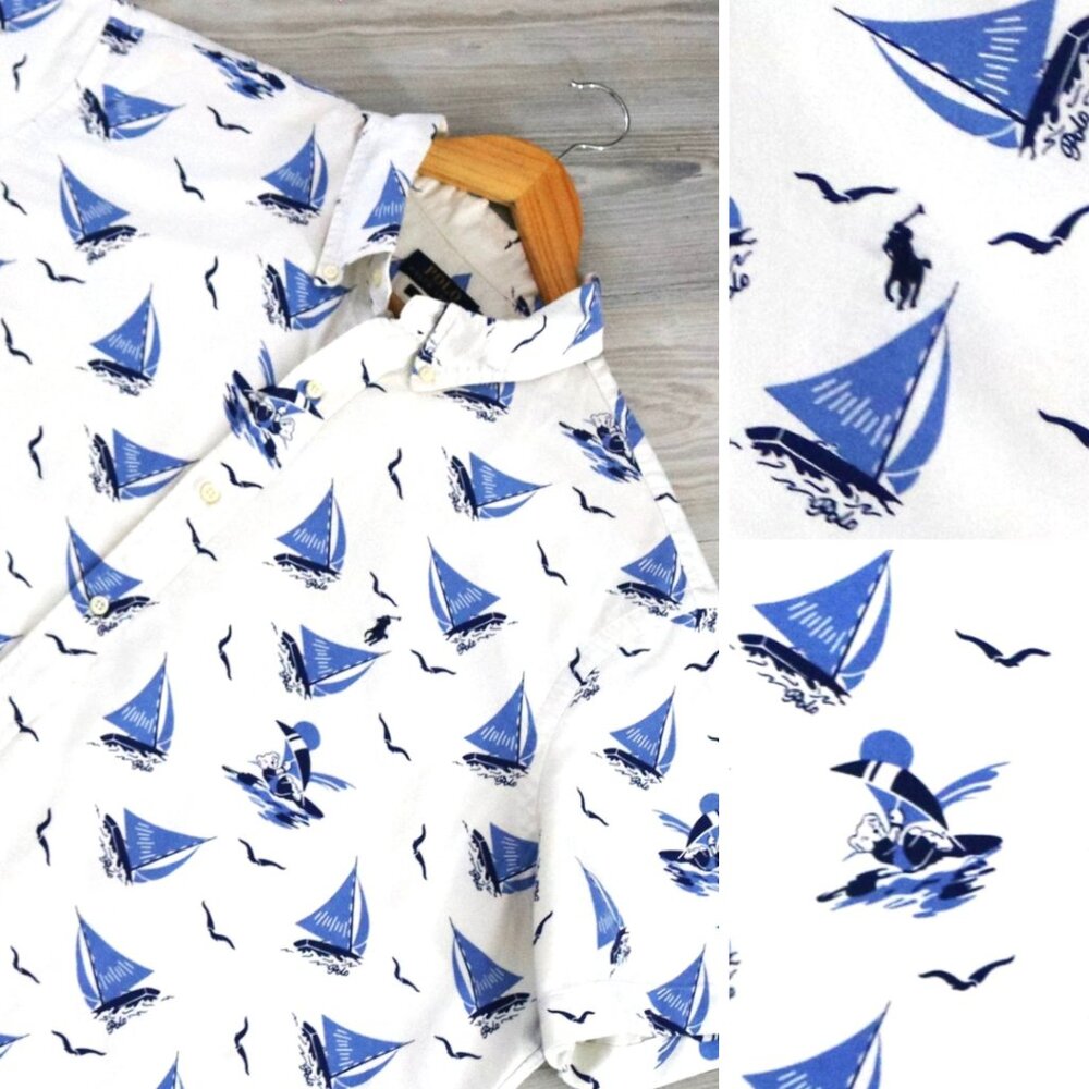 Polo Bear Ralph Lauren Button Front Shirt Men's Navy Sailor Teddy Print Size 2XL